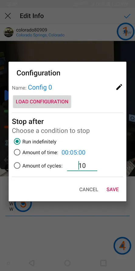 To move the process along on Instagram and see where to place your next taps, long-tap on the first conversation. A context menu is displayed. Drag the tap point to the line of the context menu that reads "Delete" after tapping the + icon to add a tap point. This tap point will have the number 2 and a circle with the number 2. To restart the process on Instagram, tap the delete line. Drag tap point 3 to the proper location after tapping on the + icon to create it. To keep this conversation going at this point, press cancel. Give this tap script (also known as a configuration) a name by tapping the gear icon. You can now run this command repeatedly for hundreds or thousands of iterations automatically and without any human supervision if you save the script.