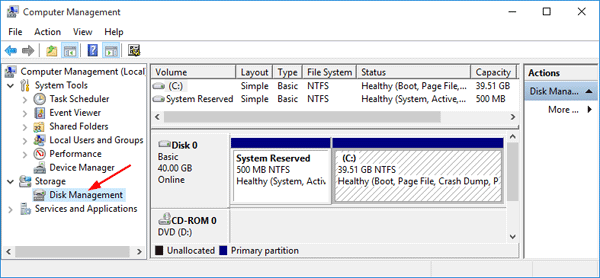 After the pop-up window shows, navigate to Disk management.