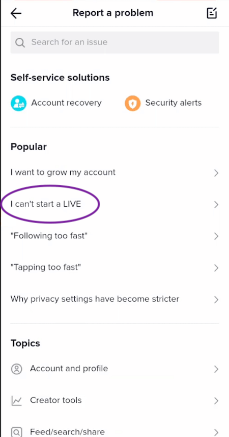 Tap “I can’t start a LIVE.”