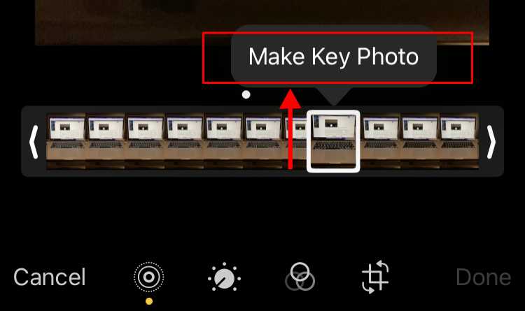 Select a thumbnail from the list of still photos at the bottom, then tap on Make Key Photo to change the Key Photo of your Live Photo.