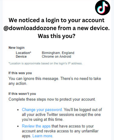 new device login notification email for a hacked tiktok account