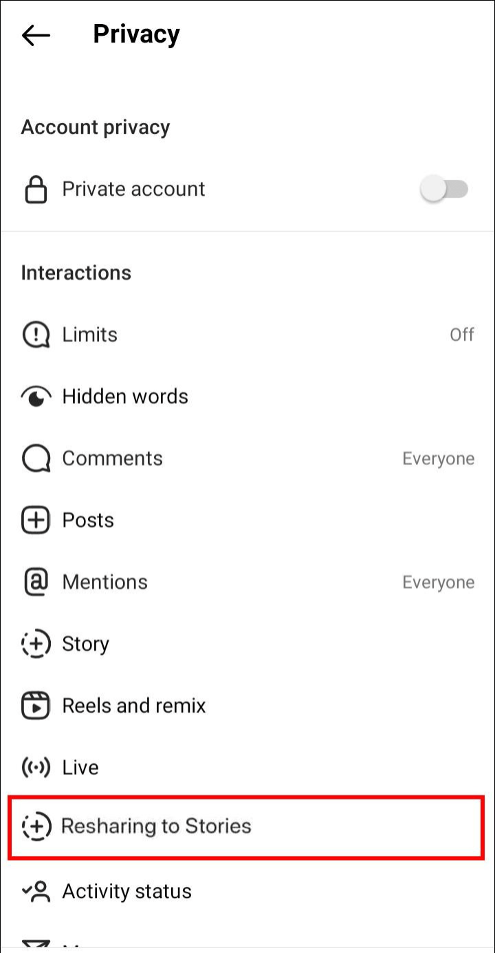 Scroll down and enable “Resharing To Stories.”