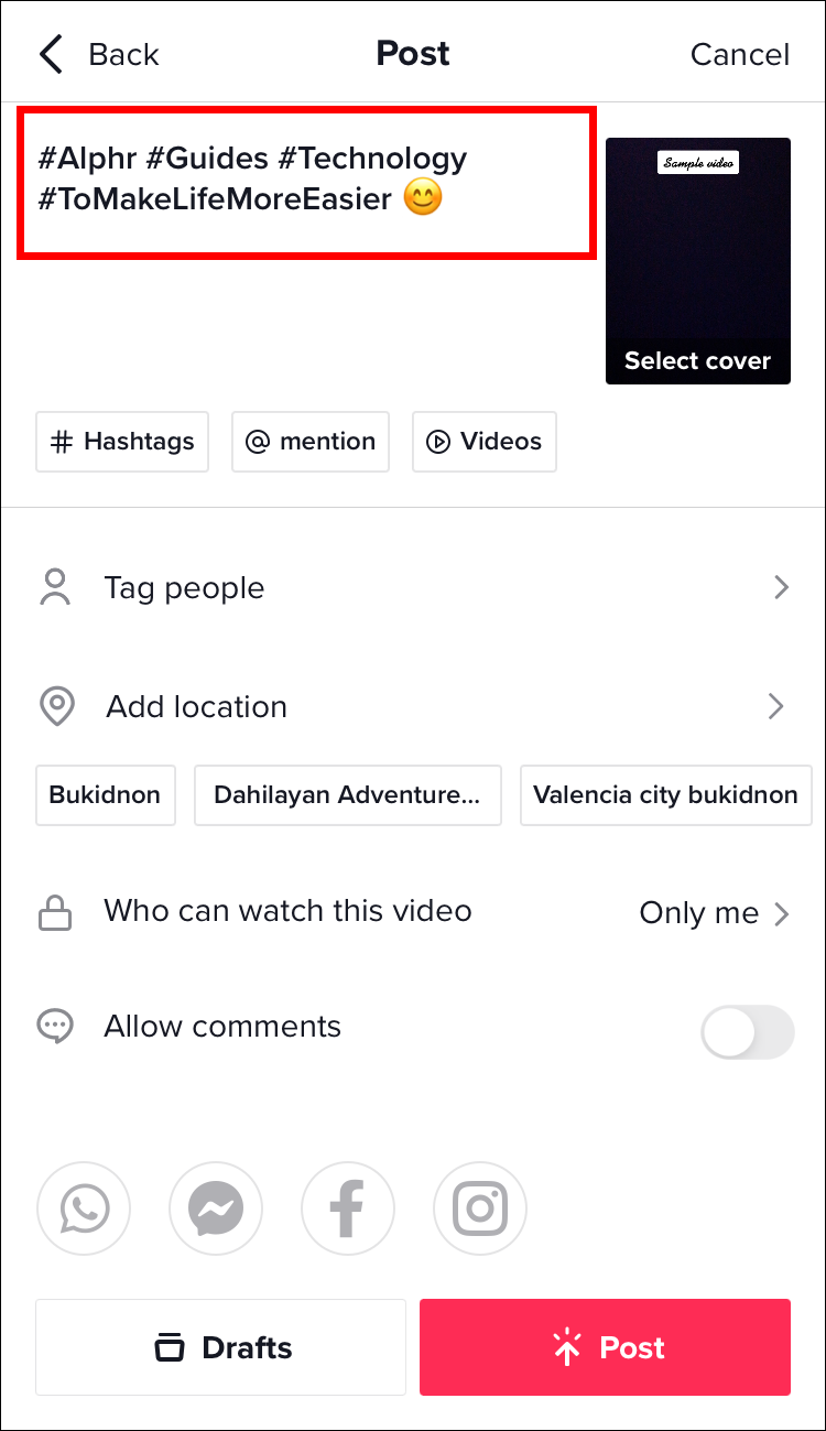 Before clicking the "Post" button to upload your video with your own sound, enter a description for the video, tag your friends, and use #Hashtags.