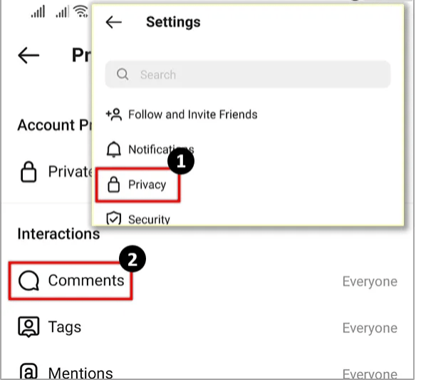 Tap on Privacy then select Comments.