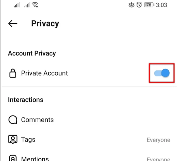 Under Account Privacy towards the top, toggle on Private Account.