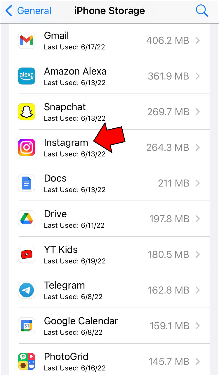 Tap on Storage and scroll down to the Instagram app and tap it.