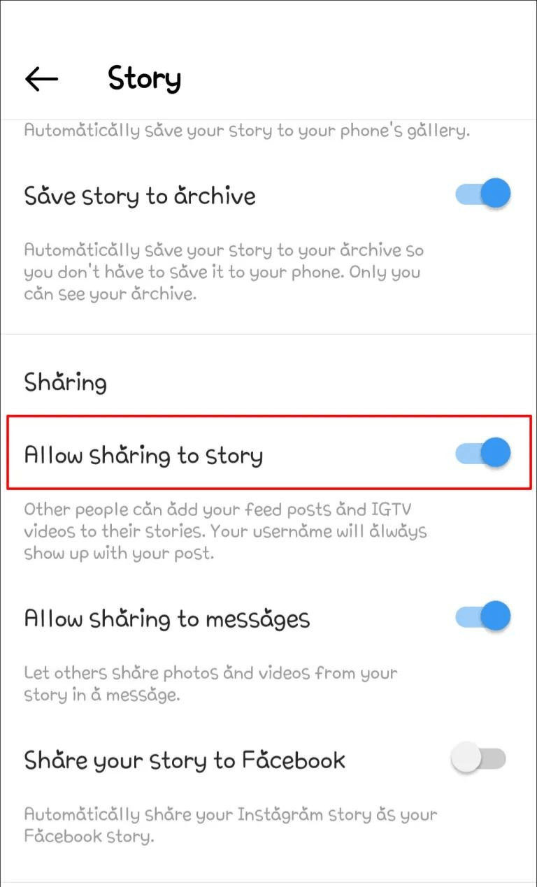 Toggle to disable the Allow sharing to Story option.