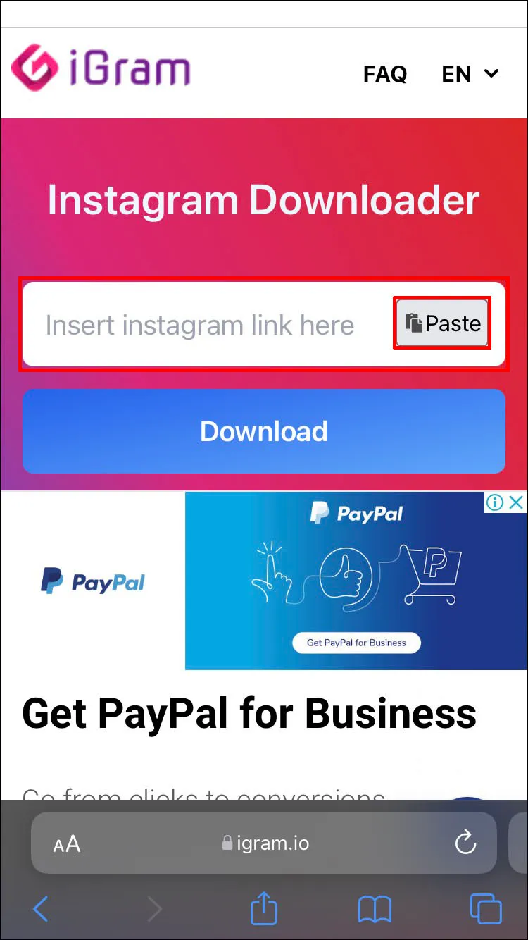 Paste the IG link into the iGram Instagram Downloader website, then select Download.