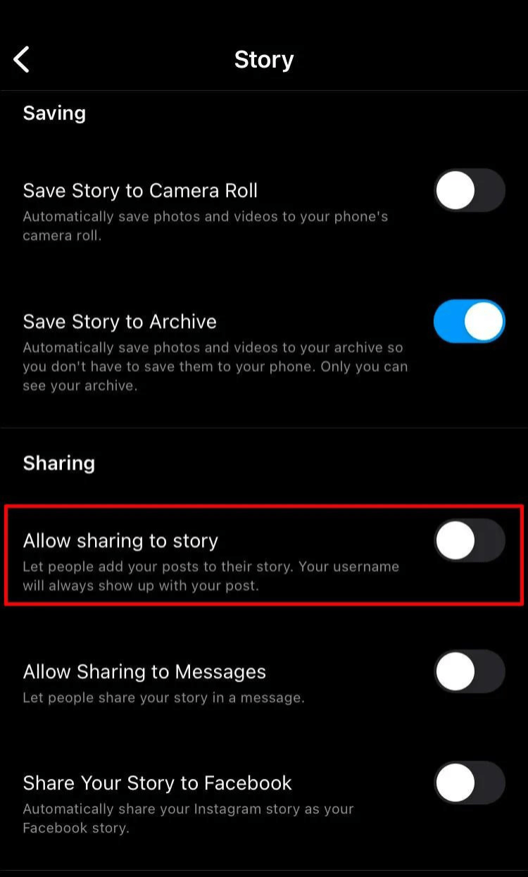 Select Story, then toggle the Allow sharing to story option.