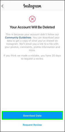 You will see an on-screen message if the platform has disabled your account. It will let you know that your account is going to be deleted and that you have 30 days to submit a request for a review. In the event that Instagram does not change its mind, choose Download Data to back up your data.