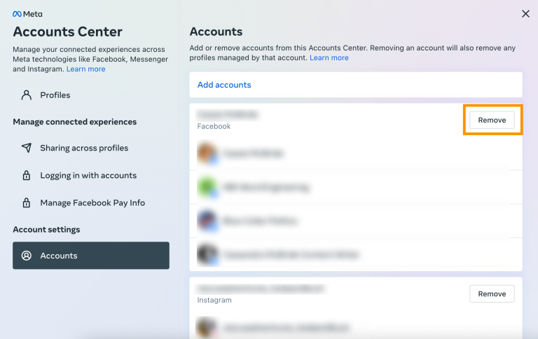 Click ‘Remove’ next to your Facebook account.