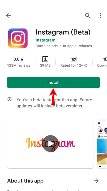 Find the Instagram app on the Google Play Store, then click the Install button.