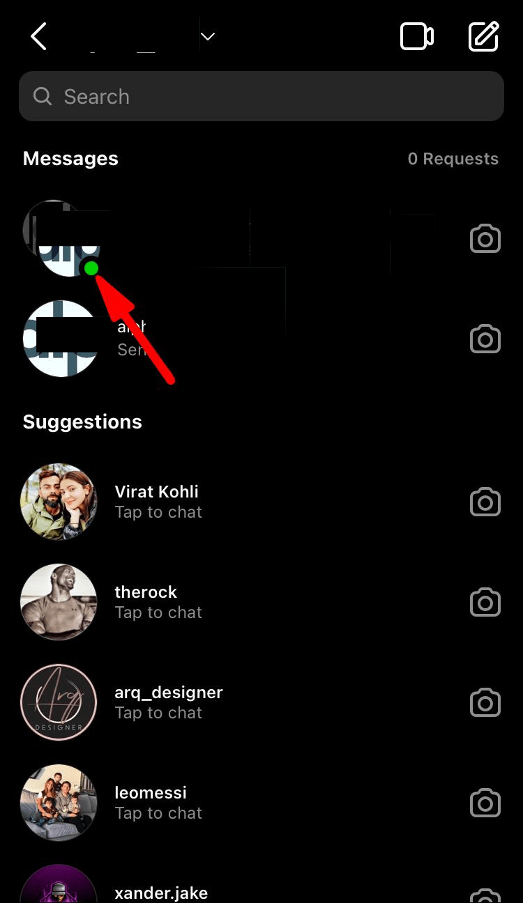 You can see a green dot next to their username and photo in your direct inbox.