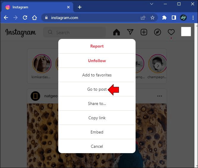 Click on the three-dotted menu, then select “Go to post.”