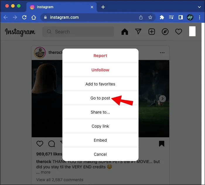 Click on the menu icon, then choose “Go to post.”