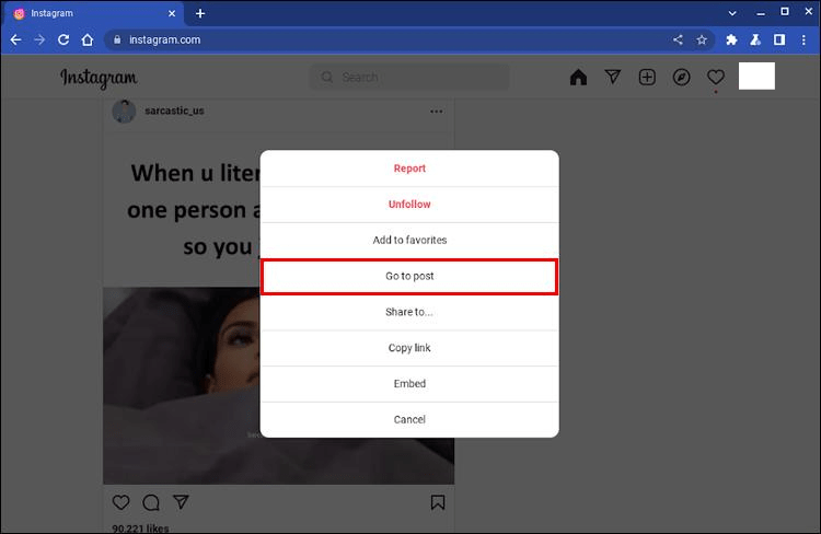 Select "Go to post" after clicking the three dots. 