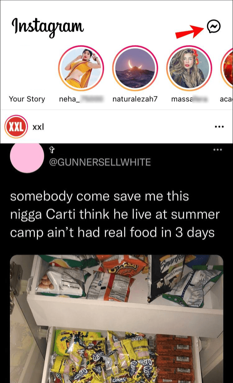 Tap the "Messenger" icon in the top-right corner of your screen from the feed.