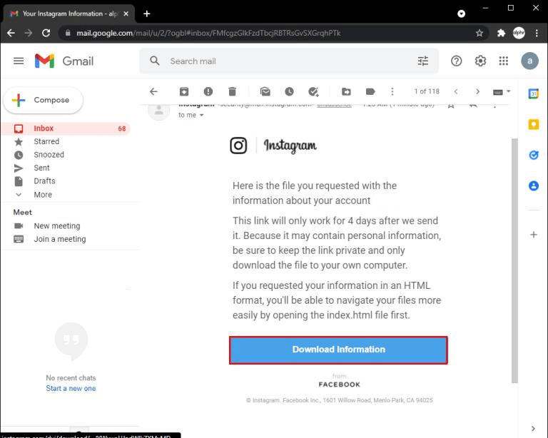 Once you’ve received an official mail from Instagram, click on Download Information. 