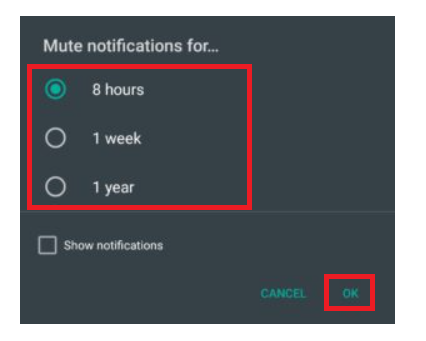 Choose your Mute Notifications for option and click OK