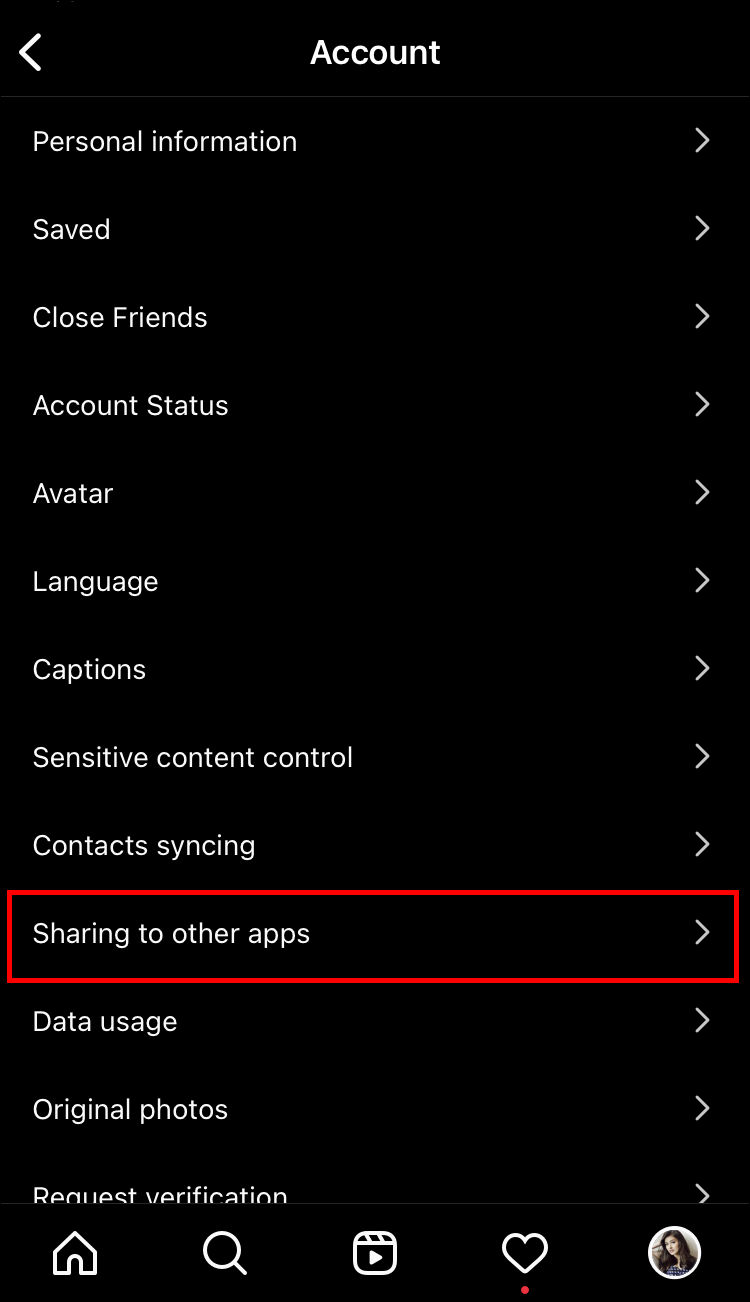 Tap “Account,” and then either “Sharing to other apps” or “Set up accounts,” depending on which option is available to you. 