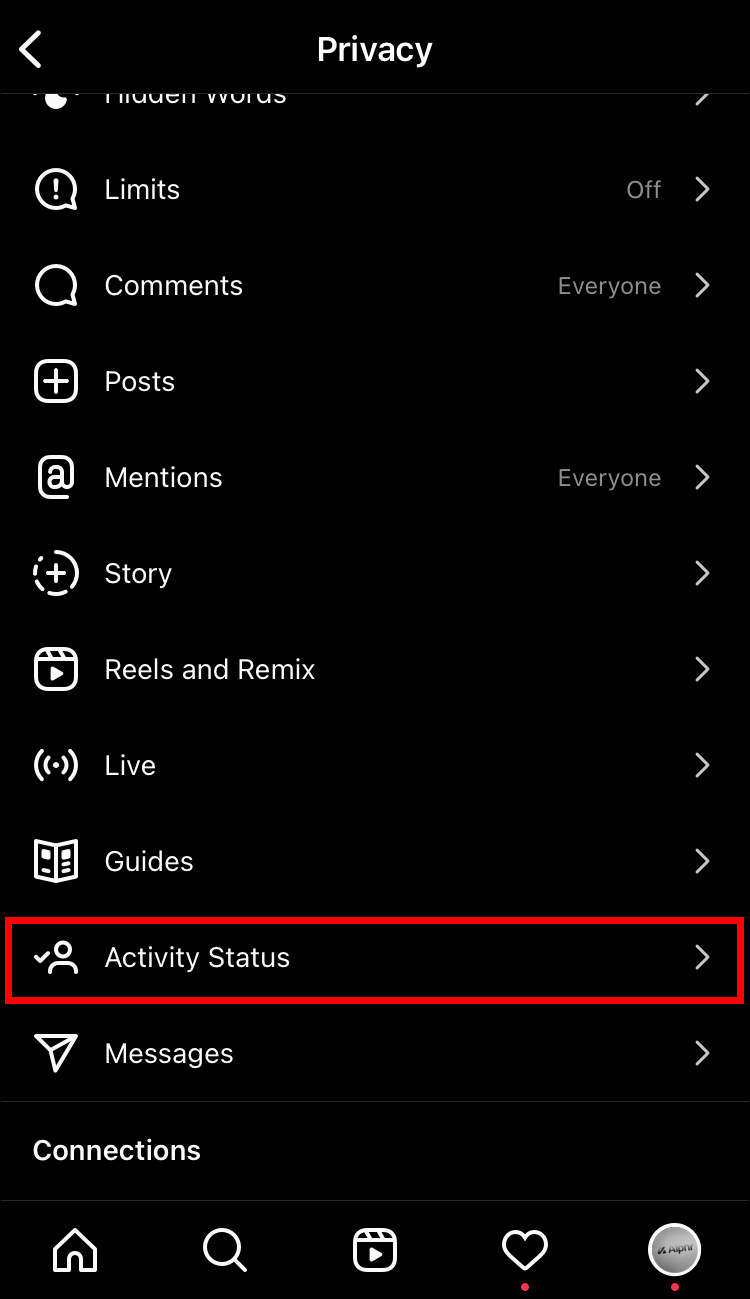 Scroll down to Activity Status.