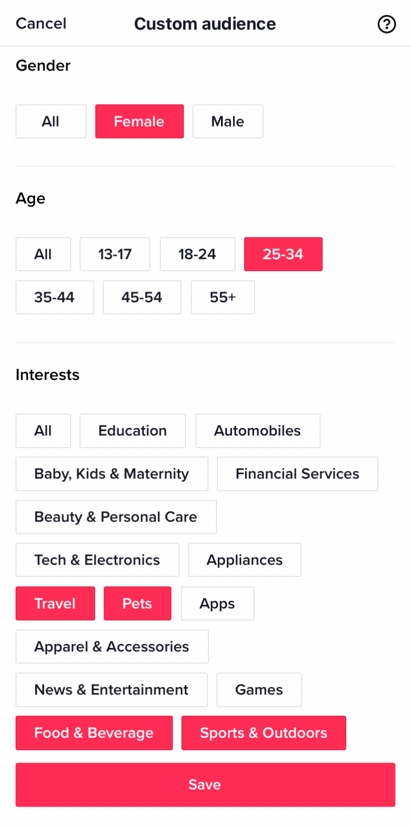 You can choose a gender, age range, and interests when you customize your targeting audience. 