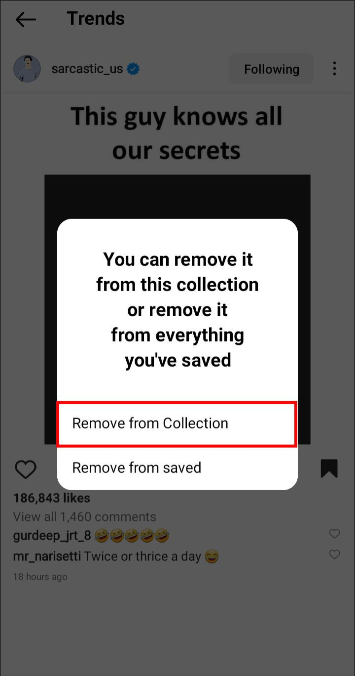 Select “Remove from Collection” or “Remove” to delete it from your saved posts entirely.