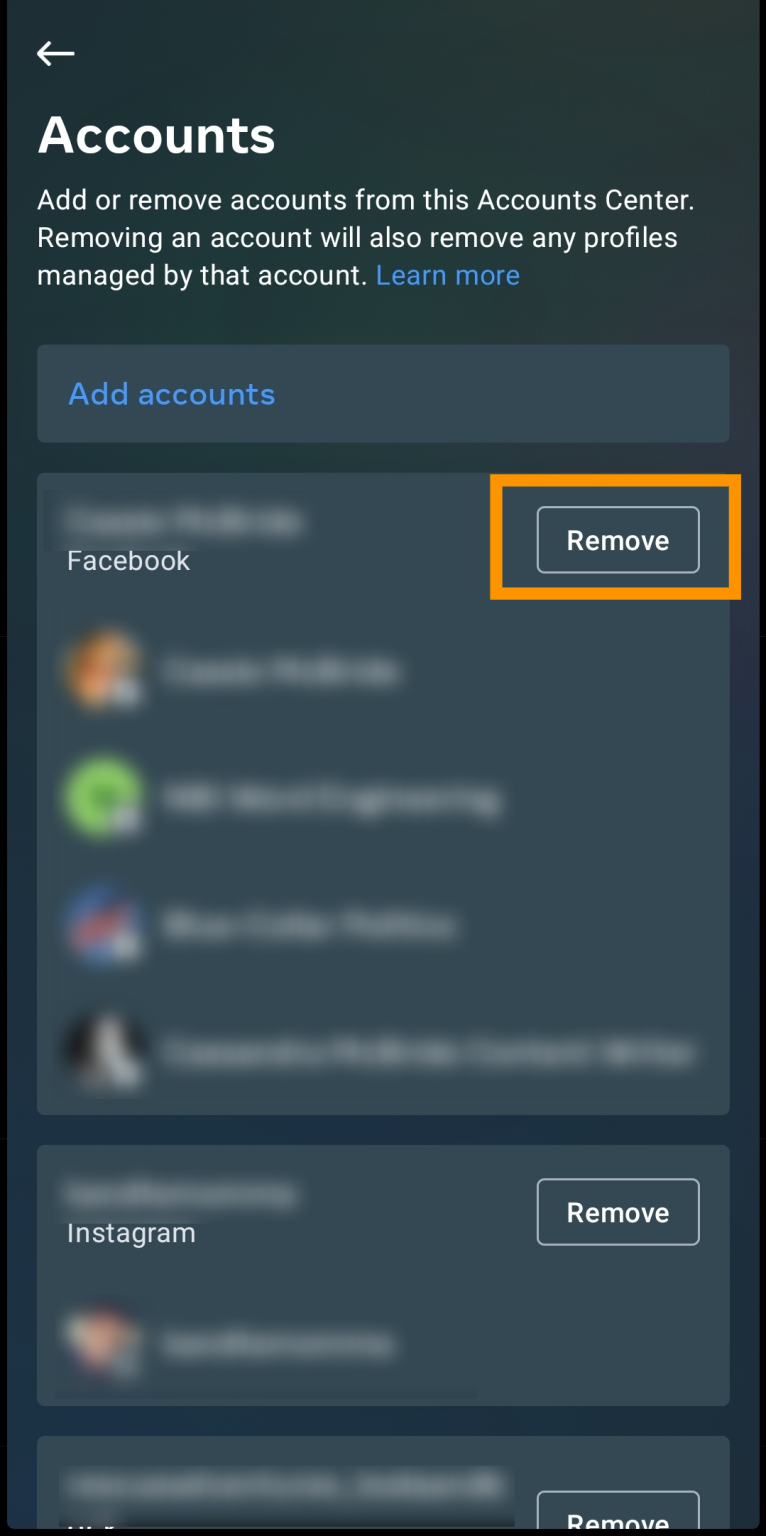 Locate your Facebook account(s). Tap ‘Remove.’