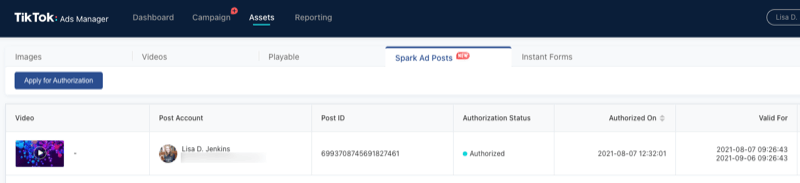 The video will now show in your Spark Ads Post assets. 