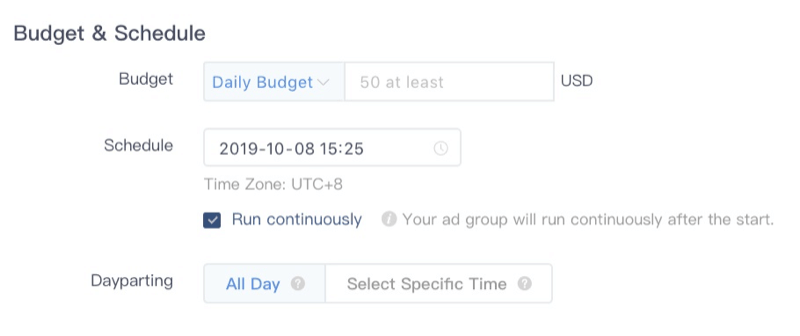 Set the ad group's budget in the Budget & Schedule section. You can decide between a daily budget, 