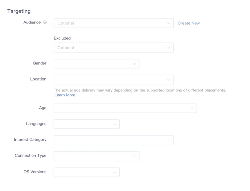 The Targeting section lets you define the target audience for your ads. Set parameters for location, age, gender, languages, interests, devices, and more to attract the right audience for your ads.