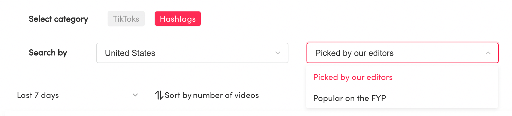 You can also set the date range to the last 7 or 30 days and sort the hashtags based on the number of videos or video views they’re getting. 