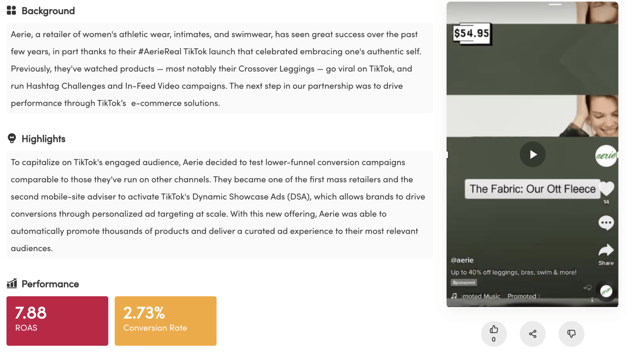 ikTok, as well as highlights from the ad itself. There’s also information on how it’s been performing on the app.