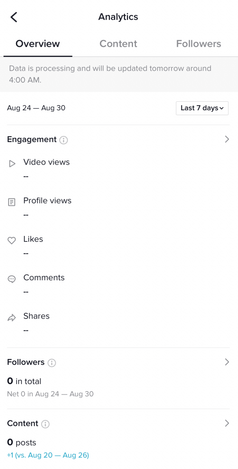 The Overview tab in your TikTok analytics is the first screen you'll see. Here, you can view account data from the previous 7 to 28 days.