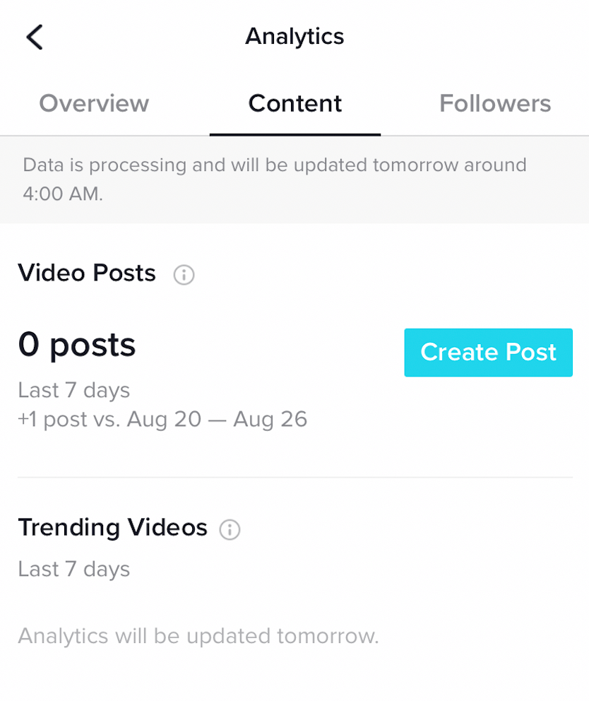 To dig into the analytics for your TikTok videos, click on the Content tab.