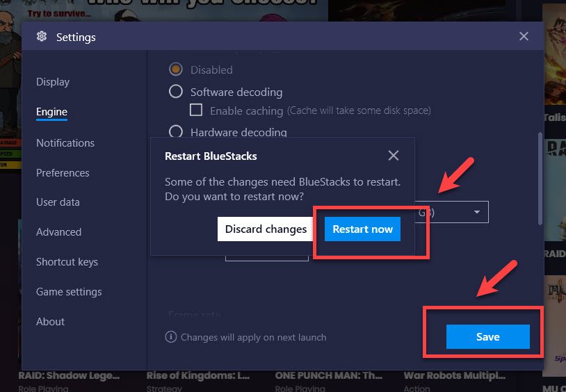click-Save-and-restart-bluestacks