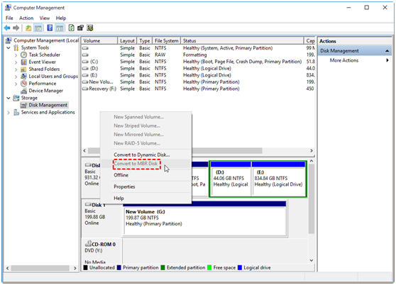 Convert to MBR disk option