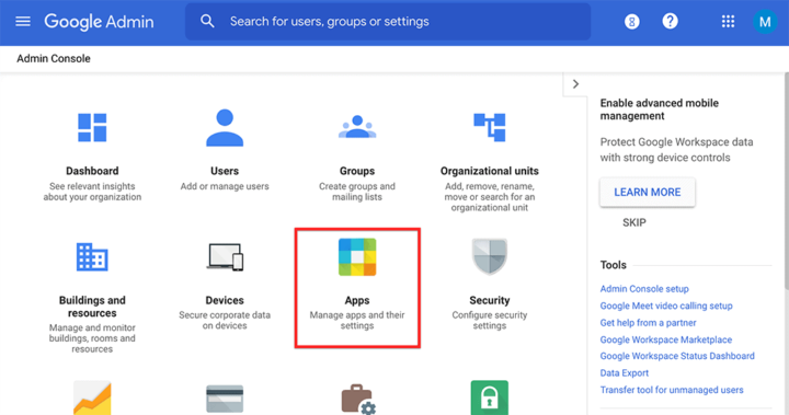 Enter the “Apps” Section of the Admin Console