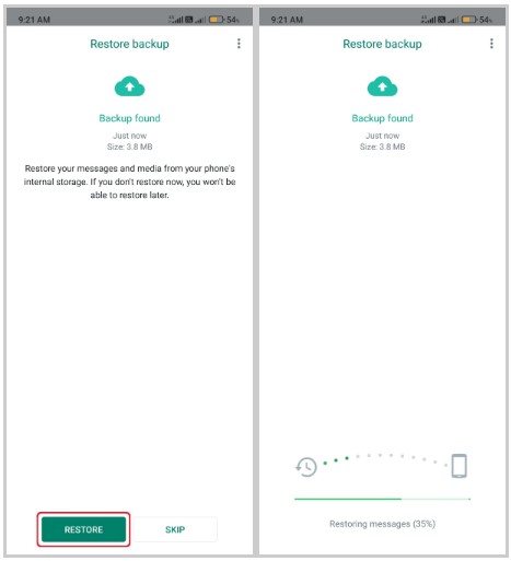 WhatsApp-Tap-on-Restore-Backup and WhatsApp-Restoring-Backup