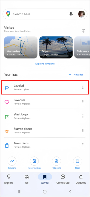 Android-Tap the Labeled option found under Your lists