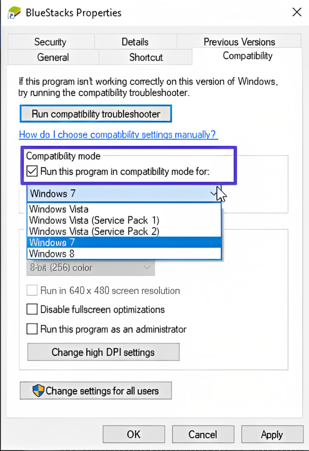 Click on the checkbox labeled Run this program in compatibility mode.