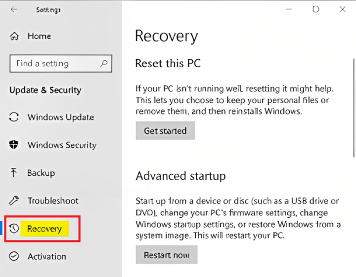 In the left pane, click on Recovery.