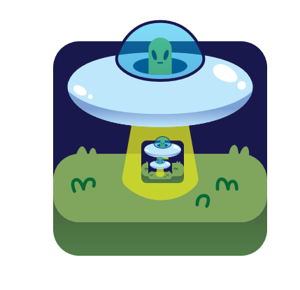 Tim the Alien Blook, a Mystical rarity Blook awarded for 1st place in the Pokémon Are Cool Event (PAC) in Blooket, featuring a UFO with a rotating cow.