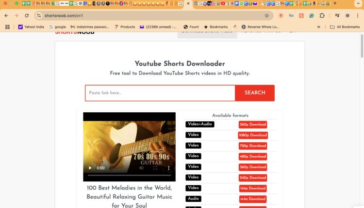 shortsnoob.com download options for YouTube videos, ranging from 144p to 1080p and M4A audio.