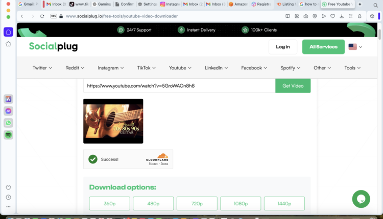 Screenshot of the socialplug.io website showing the available YouTube video download resolution options, ranging from 360p to 1440p, after the URL has been processed