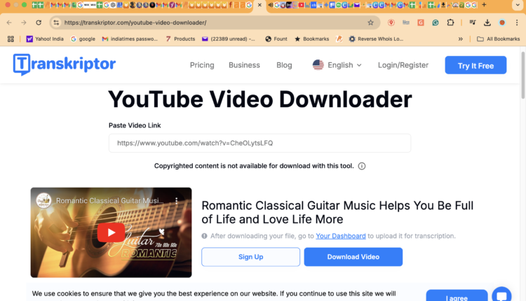 Transkriptor.com YouTube downloader: URL pasted, "Sign Up" and "Download Video" options shown.