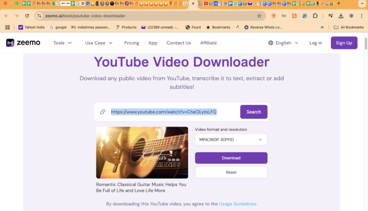 Zeemo.ai YouTube downloader with URL pasted and download options displayed.