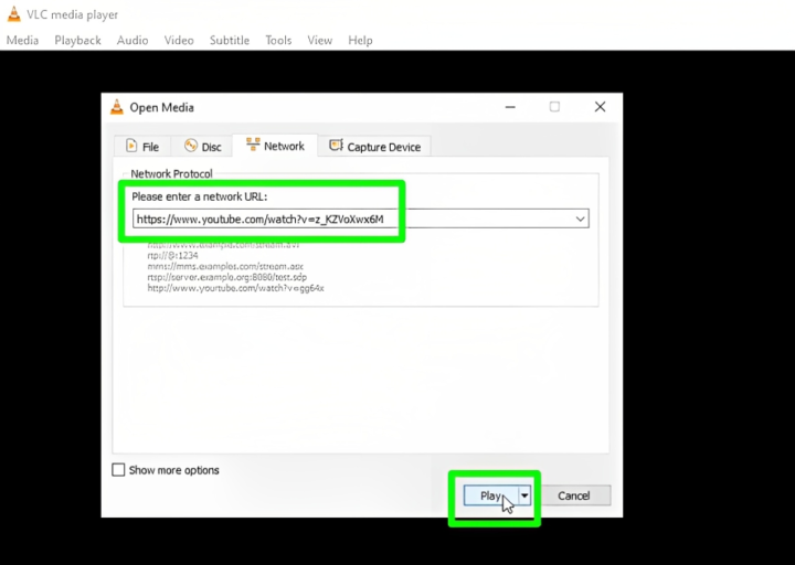 Paste the copied video URL into the designated network URL field and initiate playback by selecting Play