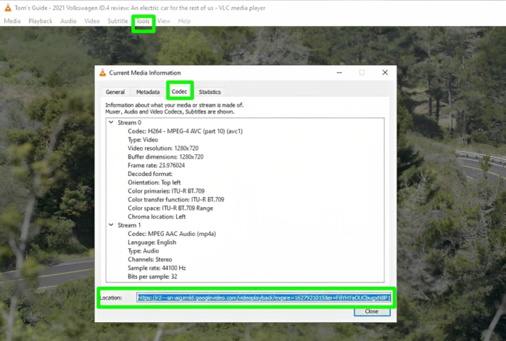 Progress to Tools followed by Codec Information, subsequently copying the extensive URL from the Location box situated at the window's bottom