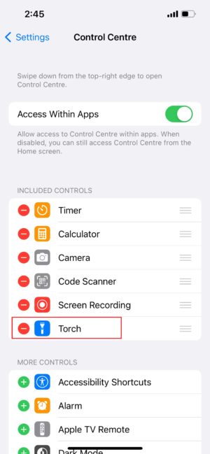 Under the Included Controls section, tap the red minus (–) icon next to Flashlight (or Torch in some regions). Confirm the removal.